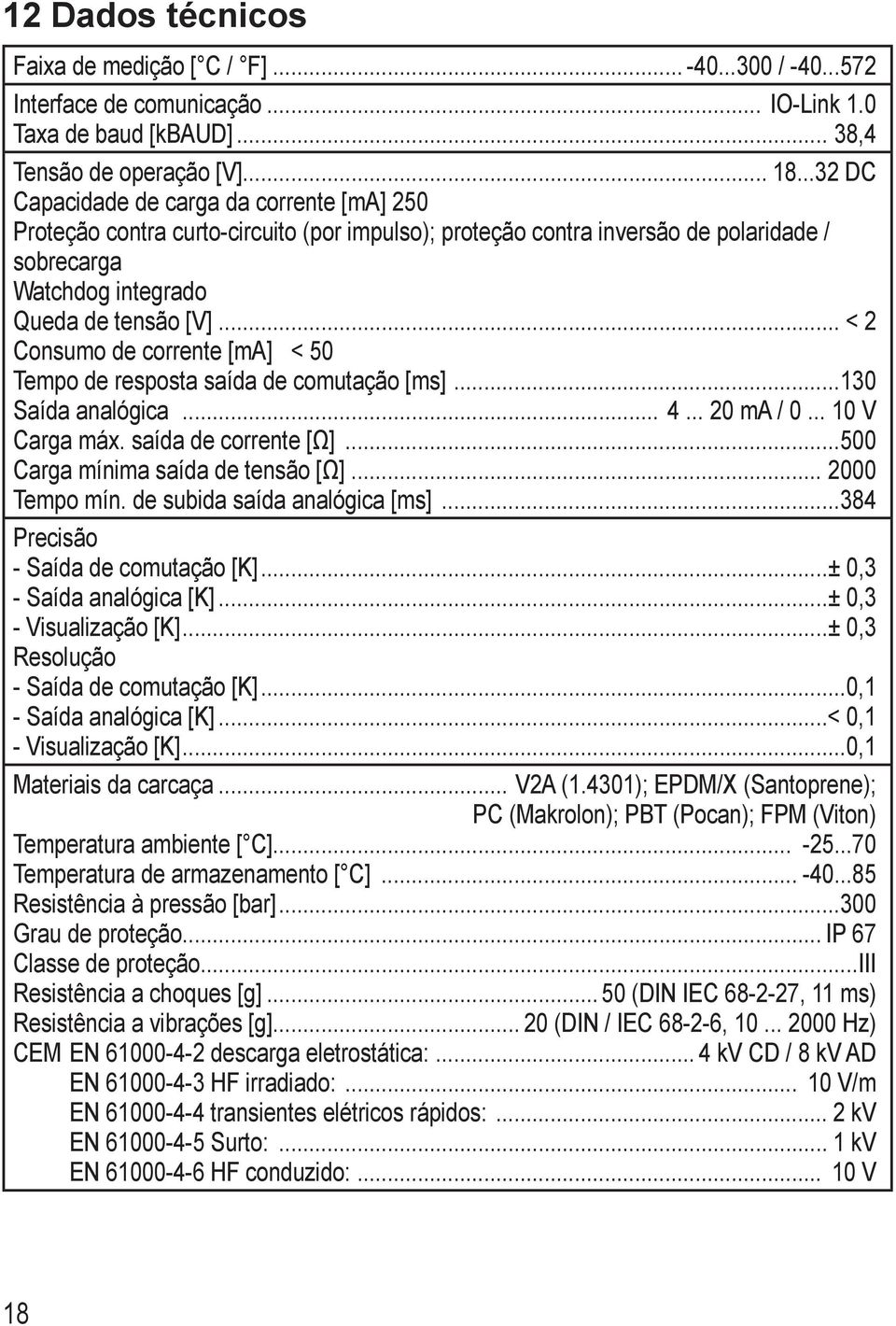 .. < 2 Consumo de corrente [ma] < 50 Tempo de resposta saída de comutação [ms]...30 aída analógica... 4... 20 ma / 0... 0 V Carga máx. saída de corrente [Ω]...500 Carga mínima saída de tensão [Ω].