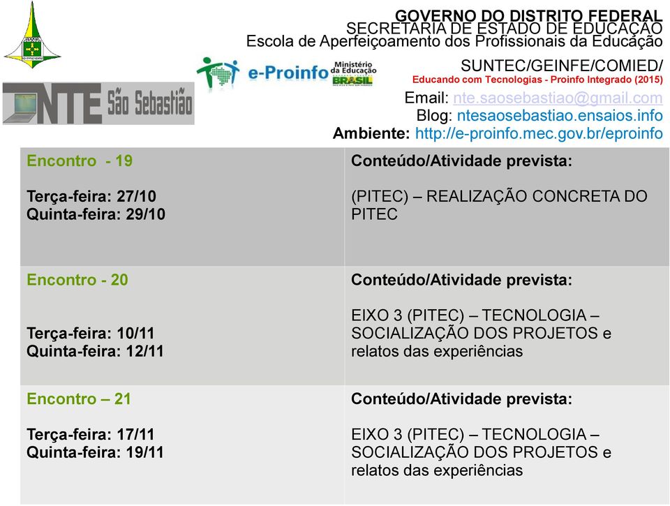 SOCIALIZAÇÃO DOS PROJETOS e relatos das experiências Encontro 21 Terça-feira: 17/11