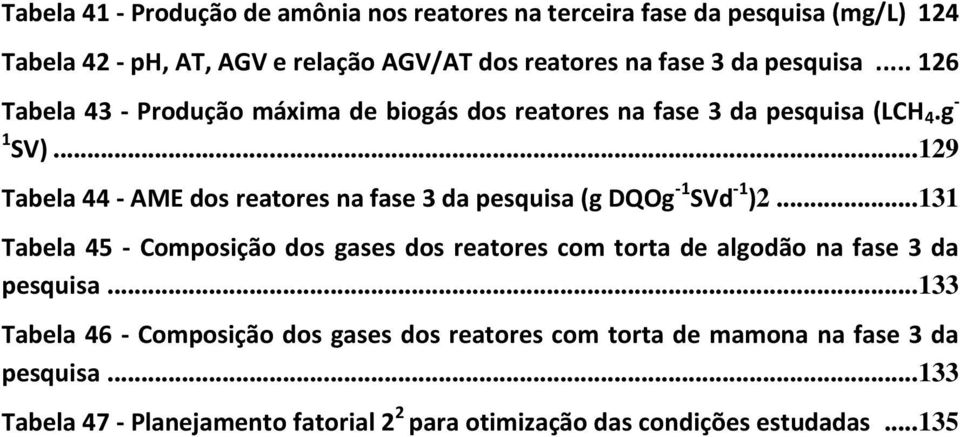 .. 129 Tabela 44 - AME dos reatores na fase 3 da pesquisa (g DQOg -1 SVd -1 )2.