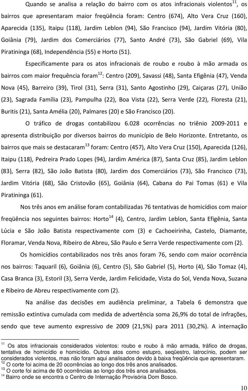 Especificamente para os atos infracionais de roubo e roubo à mão armada os bairros com maior frequência foram 12 : Centro (209), Savassi (48), Santa Efigênia (47), Venda Nova (45), Barreiro (39),