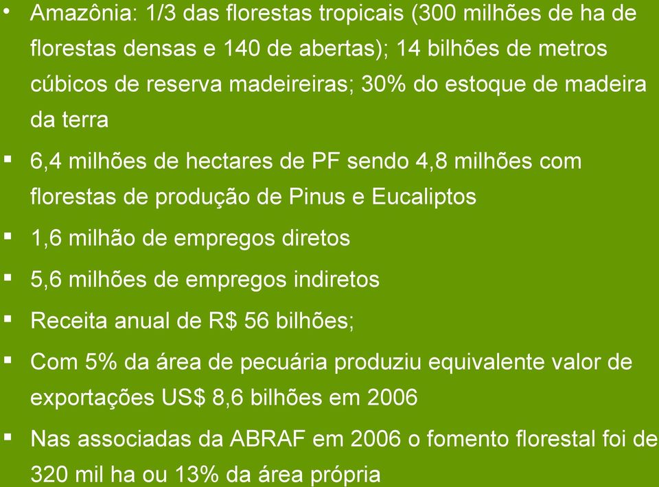 Eucaliptos 1,6 milhão de empregos diretos 5,6 milhões de empregos indiretos Receita anual de R$ 56 bilhões; Com 5% da área de pecuária