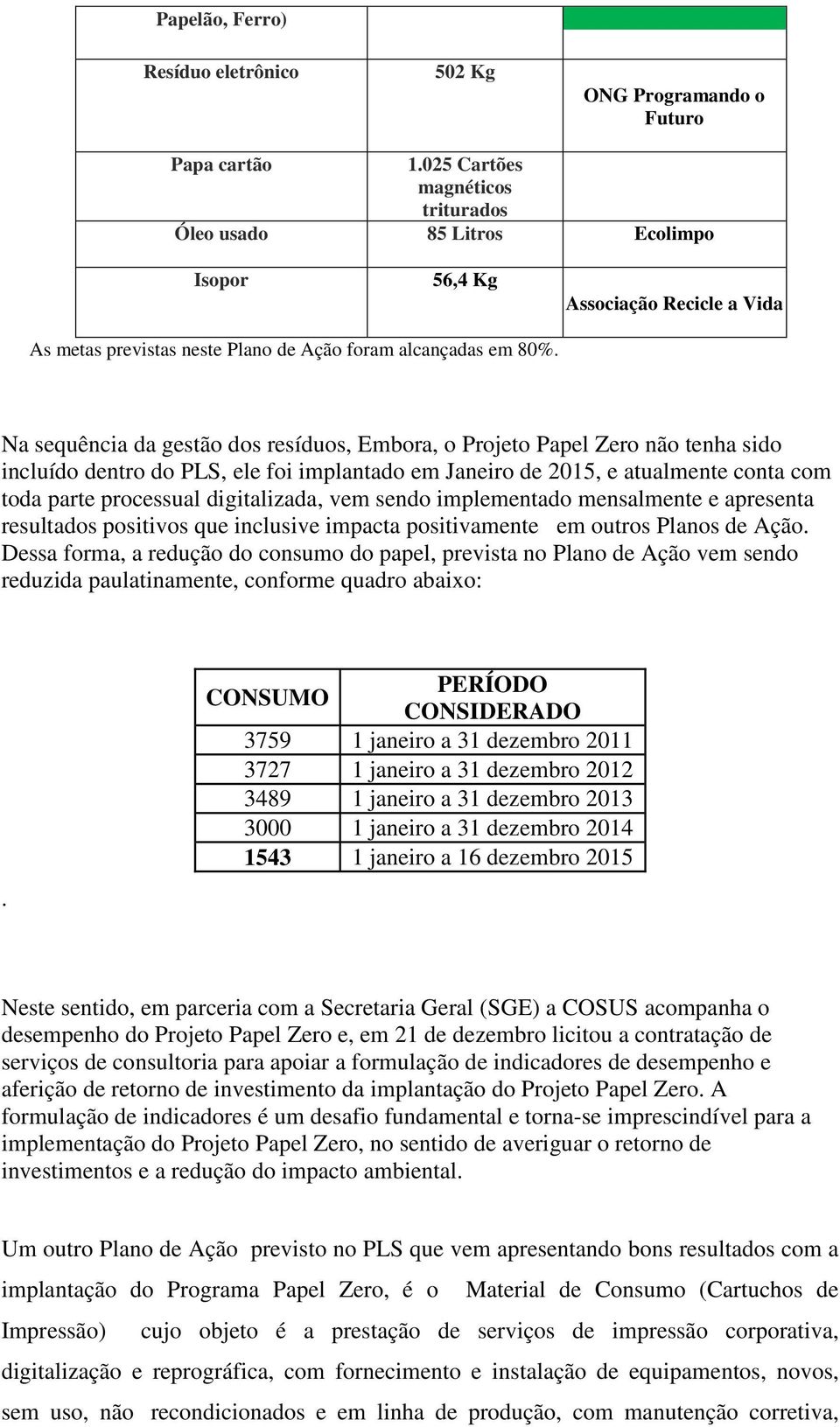 Na sequência da gestão dos resíduos, Embora, o Projeto Papel Zero não tenha sido incluído dentro do PLS, ele foi implantado em Janeiro de 2015, e atualmente conta com toda parte processual