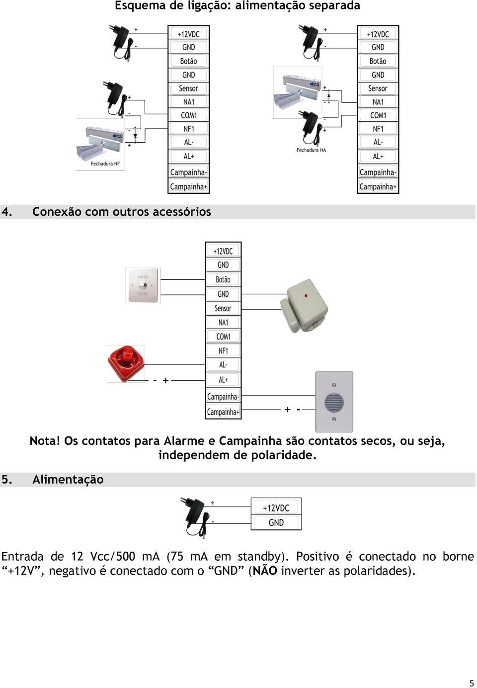 polaridade. 5. Alimentação Entrada de 12 Vcc/500 ma (75 ma em standby).