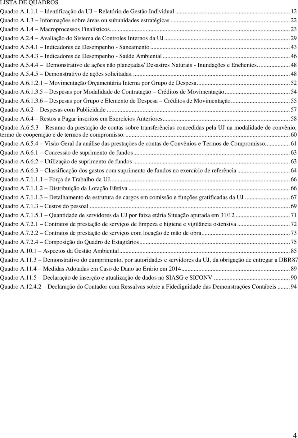 .. 46 Quadro A.5.4.4 Demonstrativo de ações não planejadas/ Desastres Naturais - Inundações e Enchentes.... 48 Quadro A.5.4.5 Demonstrativo de ações solicitadas.... 48 Quadro A.6.1.2.