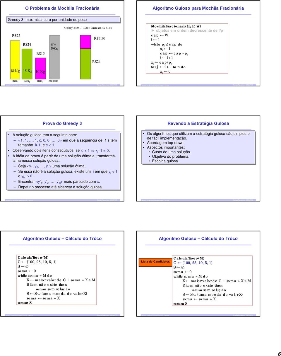 3 Revendo a stratégia Gulosa A solução gulosa tem a seguinte cara: <1, 1, 1,, 1, 1, c, c,,,,,, > > em que a seqüência de de 1 s tem tamanho k-1, e c < 1. 1. Observando dois itens consecutivos, se se x i i < 1 x i +1 i +1 =.