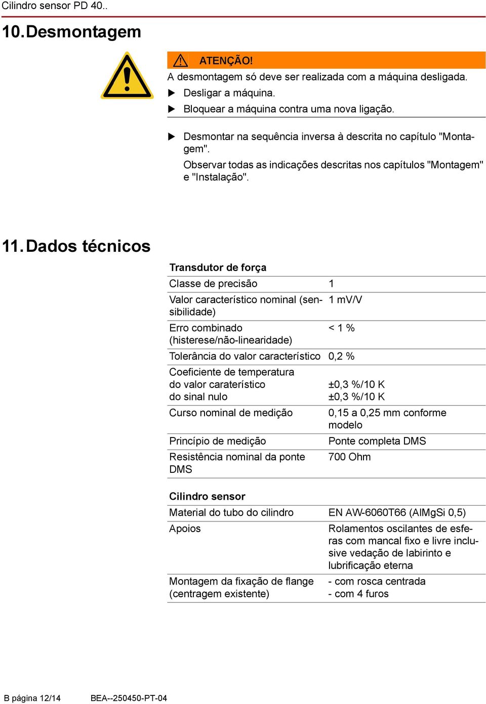 Dados técnicos Transdutor de força Classe de precisão 1 Valor característico nominal (sensibilidade) 1mV/V Erro combinado <1% (histerese/não-linearidade) Tolerância do valor característico 0,2 %