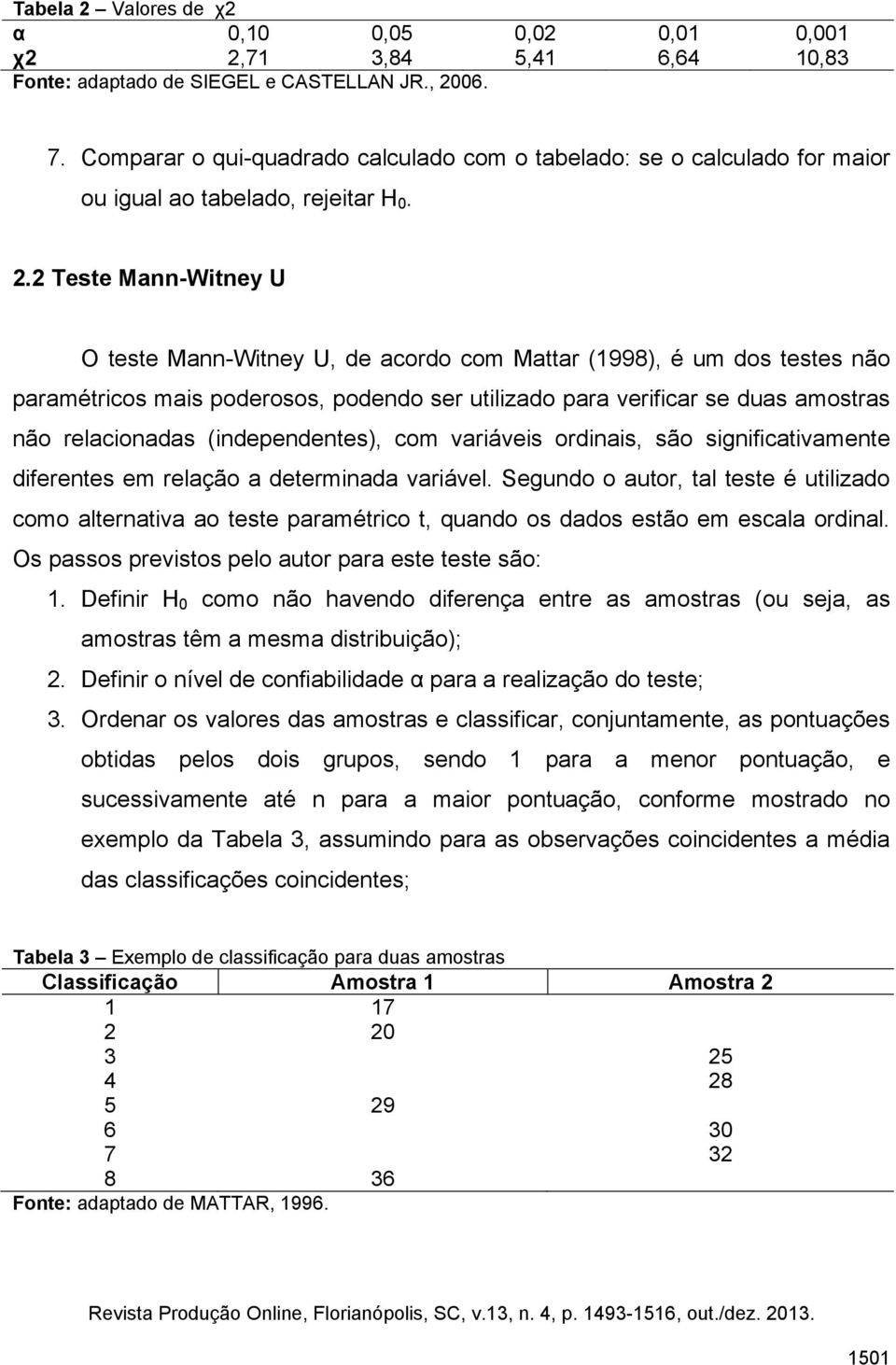 2 Teste Mann-Witney U O teste Mann-Witney U, de acordo com Mattar (1998), é um dos testes não paramétricos mais poderosos, podendo ser utilizado para verificar se duas amostras não relacionadas