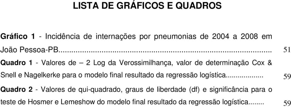 .. 51 Quadro 1 - Valores de 2 Log da Verossimilhança, valor de determinação Cox & Snell e Nagelkerke para o