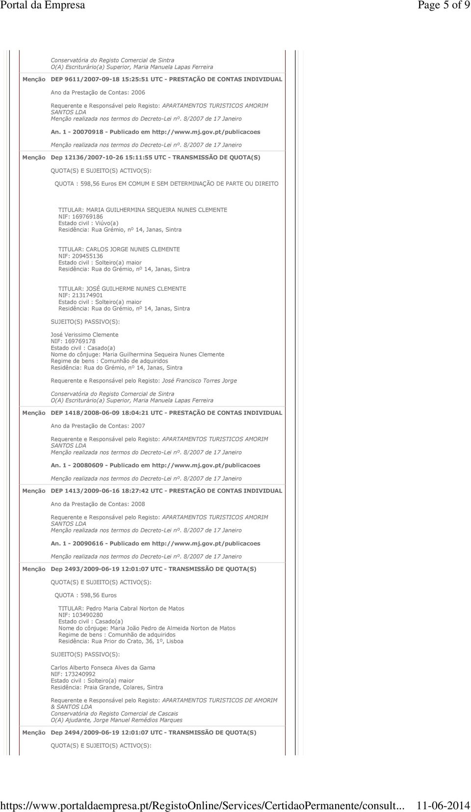 pt/publicacoes Menção Dep 12136/2007-10-26 15:11:55 UTC - TRANSMISSÃO DE QUOTA(S) EM COMUM E SEM DETERMINAÇÃO DE PARTE OU DIREITO TITULAR: MARIA GUILHERMINA SEQUEIRA NUNES CLEMENTE NIF: 169769186