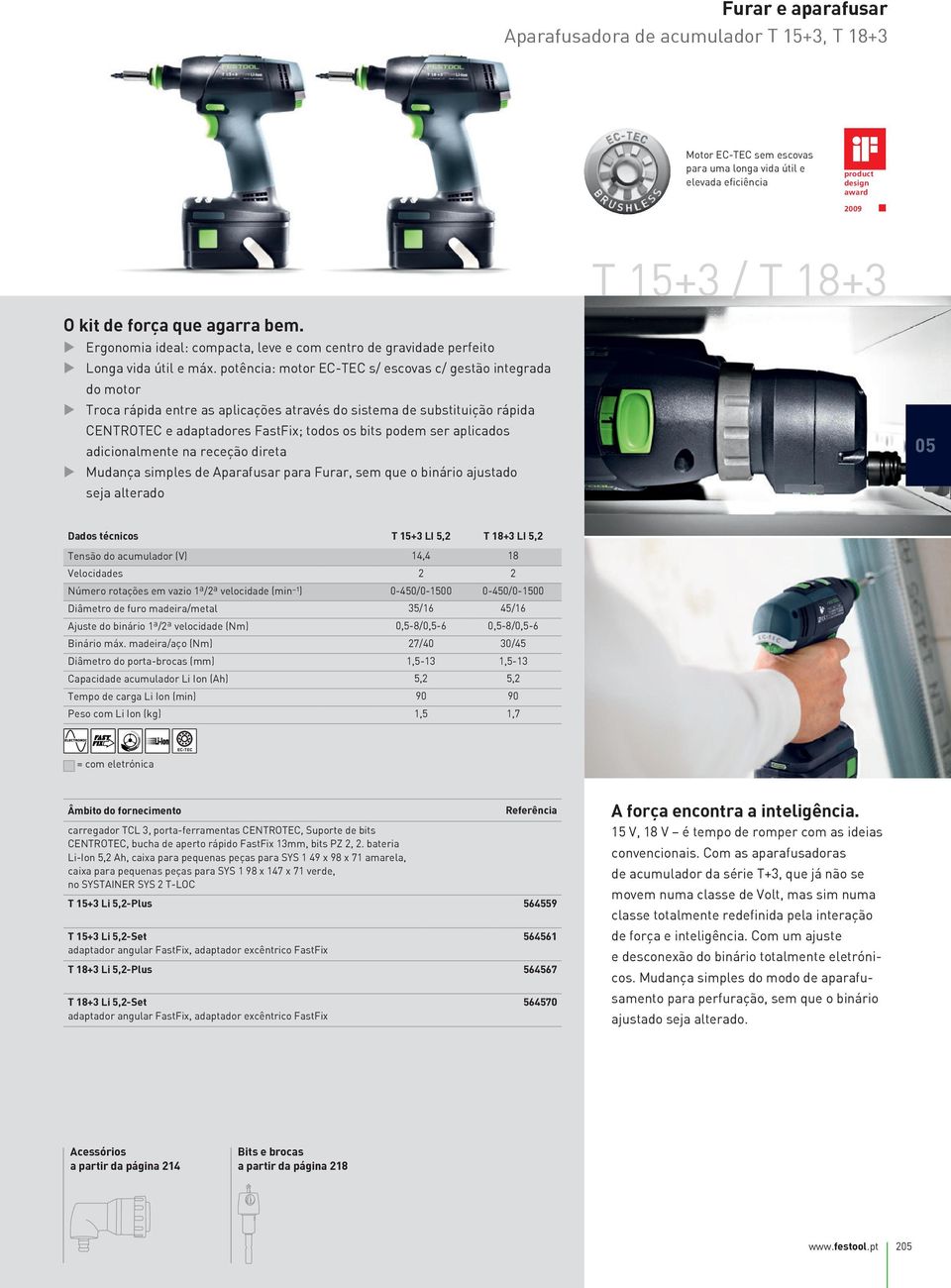 potência: motor EC-TEC s/ escovas c/ gestão integrada do motor u Troca rápida entre as aplicações através do sistema de substituição rápida CENTROTEC e adaptadores FastFix; todos os bits podem ser