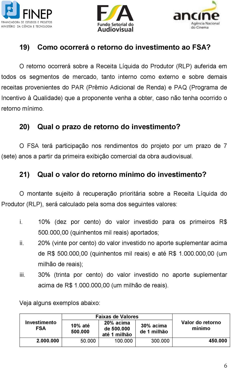 Renda) e PAQ (Programa de Incentivo à Qualidade) que a proponente venha a obter, caso não tenha ocorrido o retorno mínimo. 20) Qual o prazo de retorno do investimento?