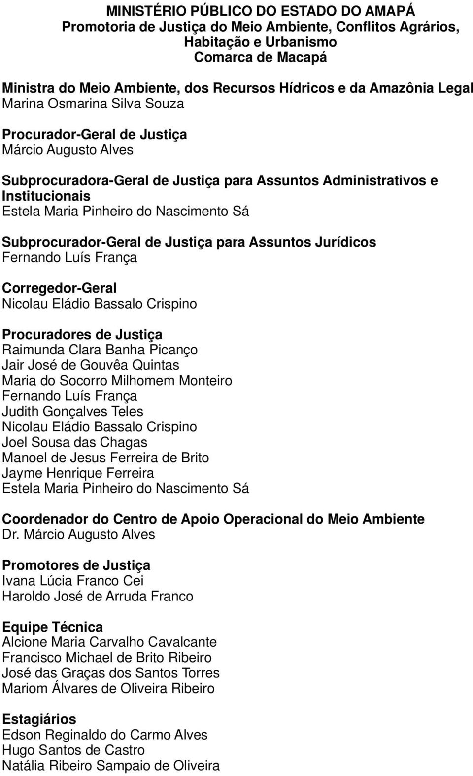 Nascimento Sá Subprocurador-Geral de Justiça para Assuntos Jurídicos Fernando Luís França Corregedor-Geral Nicolau Eládio Bassalo Crispino Procuradores de Justiça Raimunda Clara Banha Picanço Jair