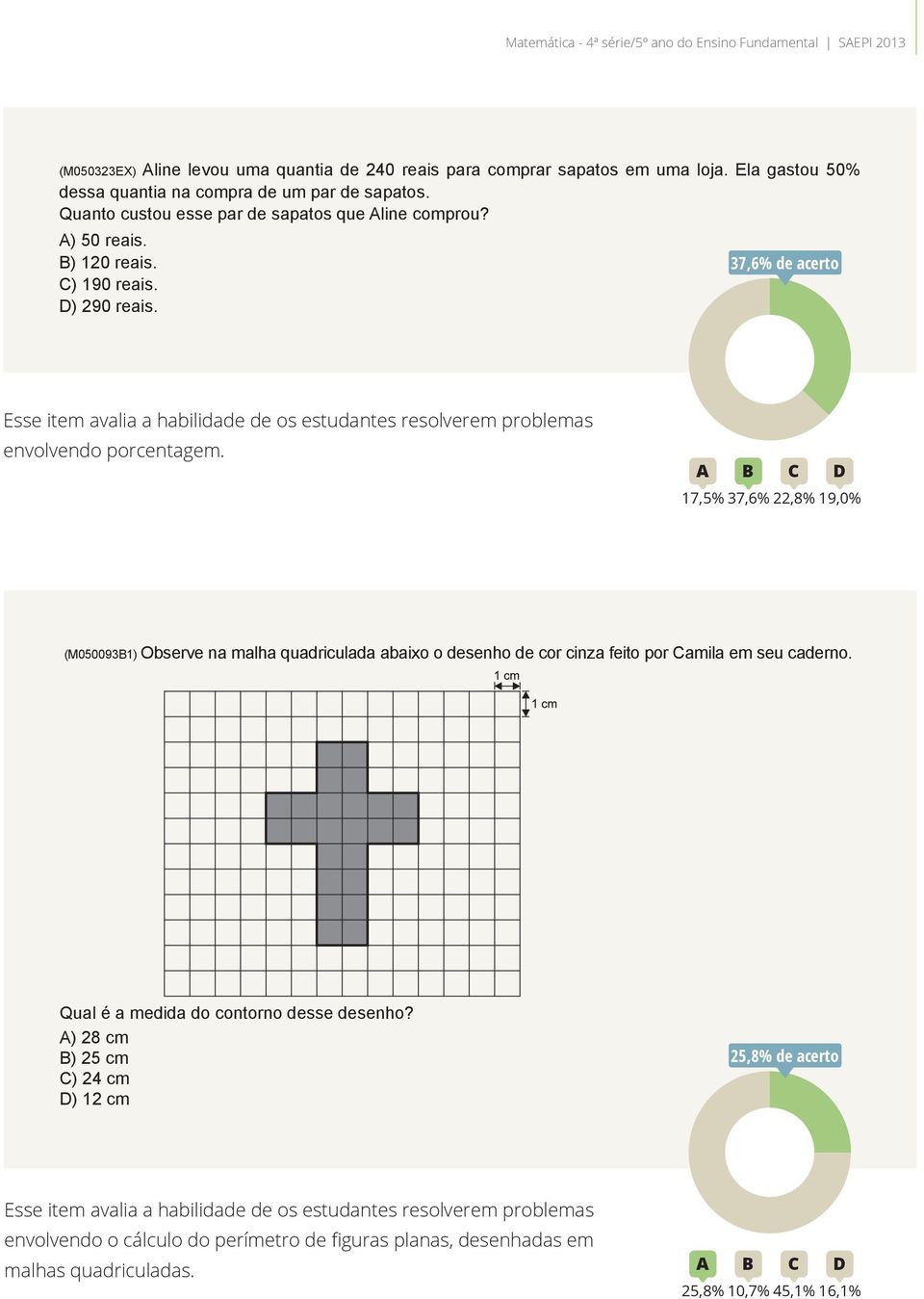 37A B C D 17,5% 37,6% 22,8% 19,0% (M050093B1) Observe na malha quadriculada abaixo o desenho de cor cinza feito por Camila em seu caderno. Qual é a medida do contorno desse desenho?