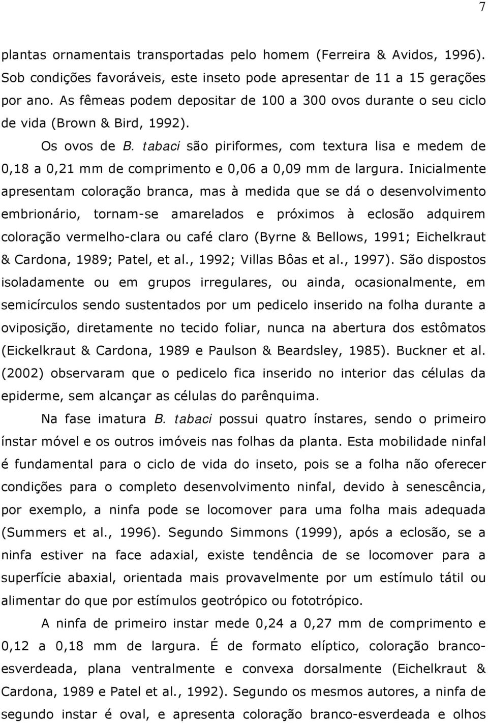 tabaci são piriformes, com textura lisa e medem de 0,18 a 0,21 mm de comprimento e 0,06 a 0,09 mm de largura.