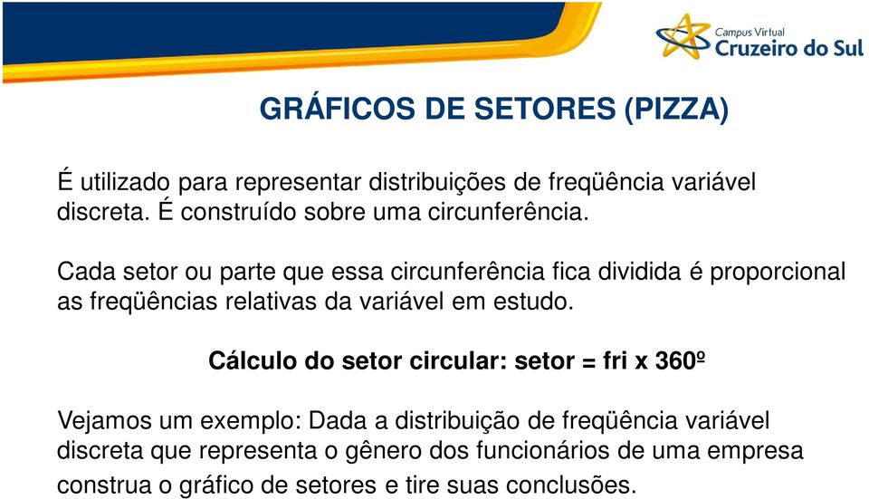 Cada setor ou parte que essa circunferência fica dividida é proporcional as freqüências relativas da variável em estudo.