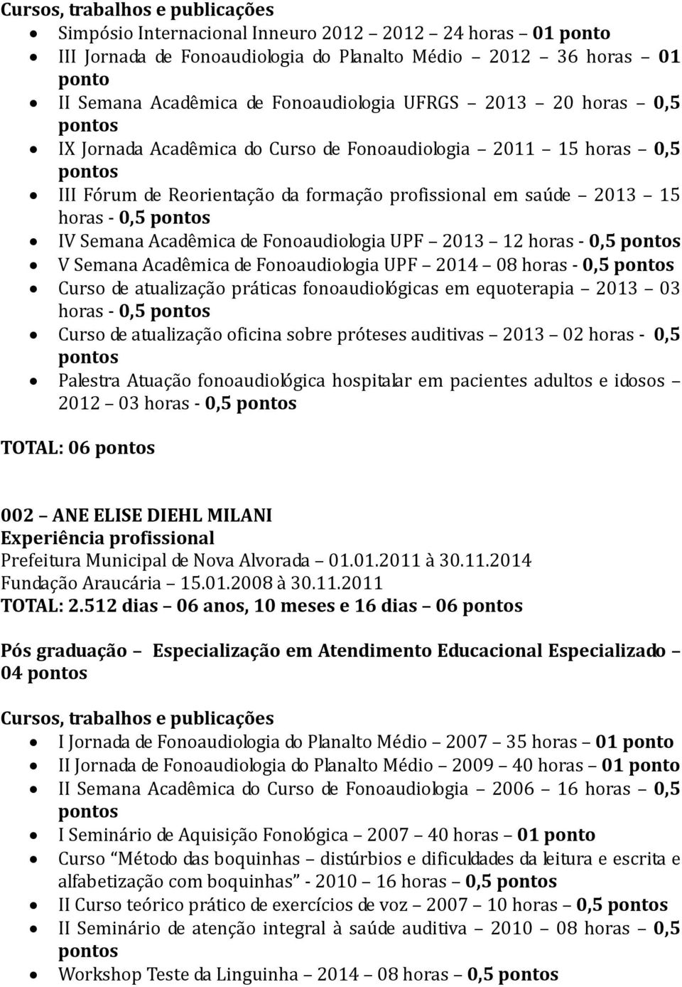 - 0,5 V Semana Acadêmica de Fonoaudiologia UPF 2014 08 horas - 0,5 Curso de atualização práticas fonoaudiológicas em equoterapia 2013 03 horas - 0,5 Curso de atualização oficina sobre próteses