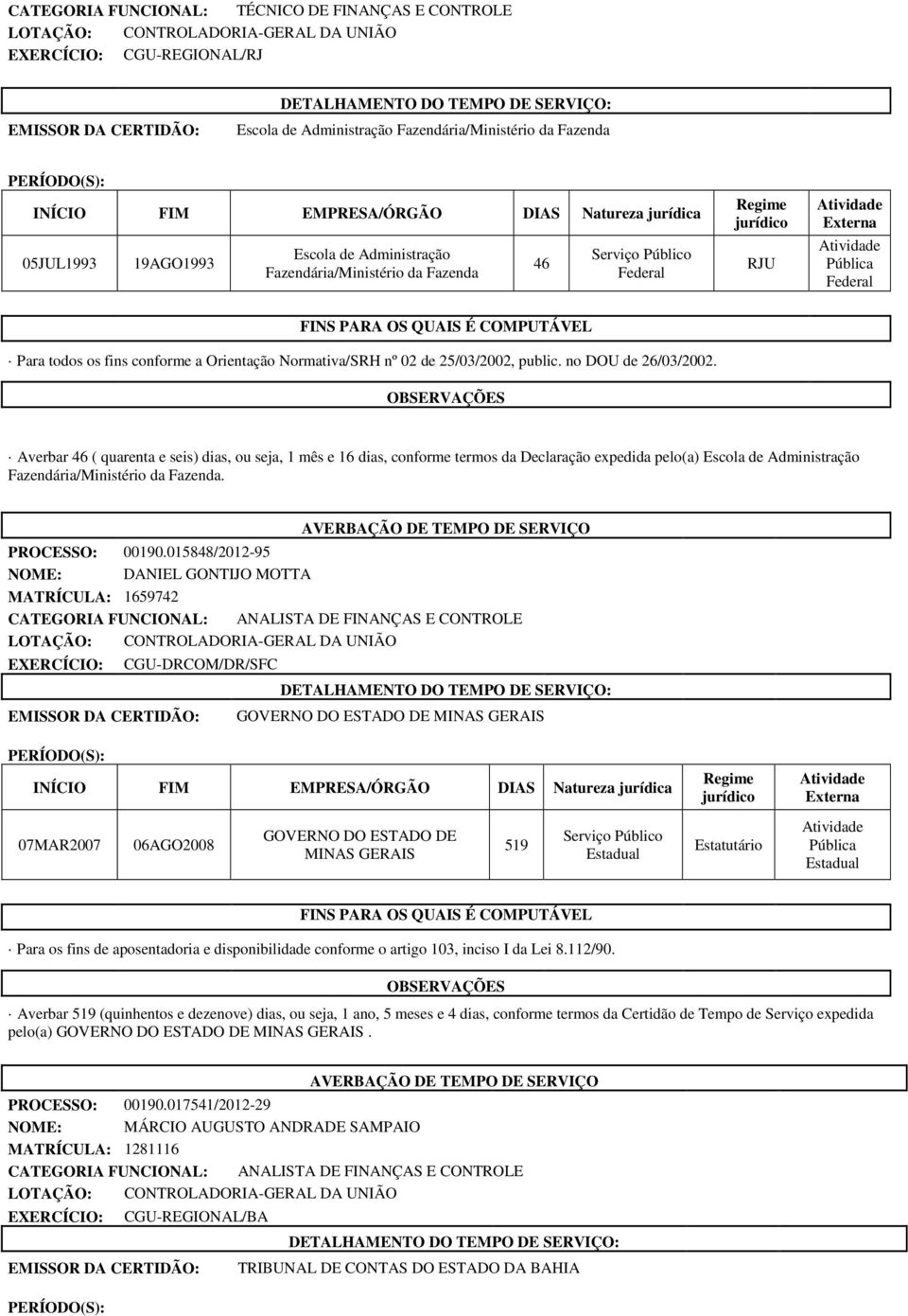 COMPUTÁVEL Serviço Público Federal Para todos os fins conforme a Orientação Normativa/SRH nº 02 de 25/03/2002, public. no DOU de 26/03/2002.