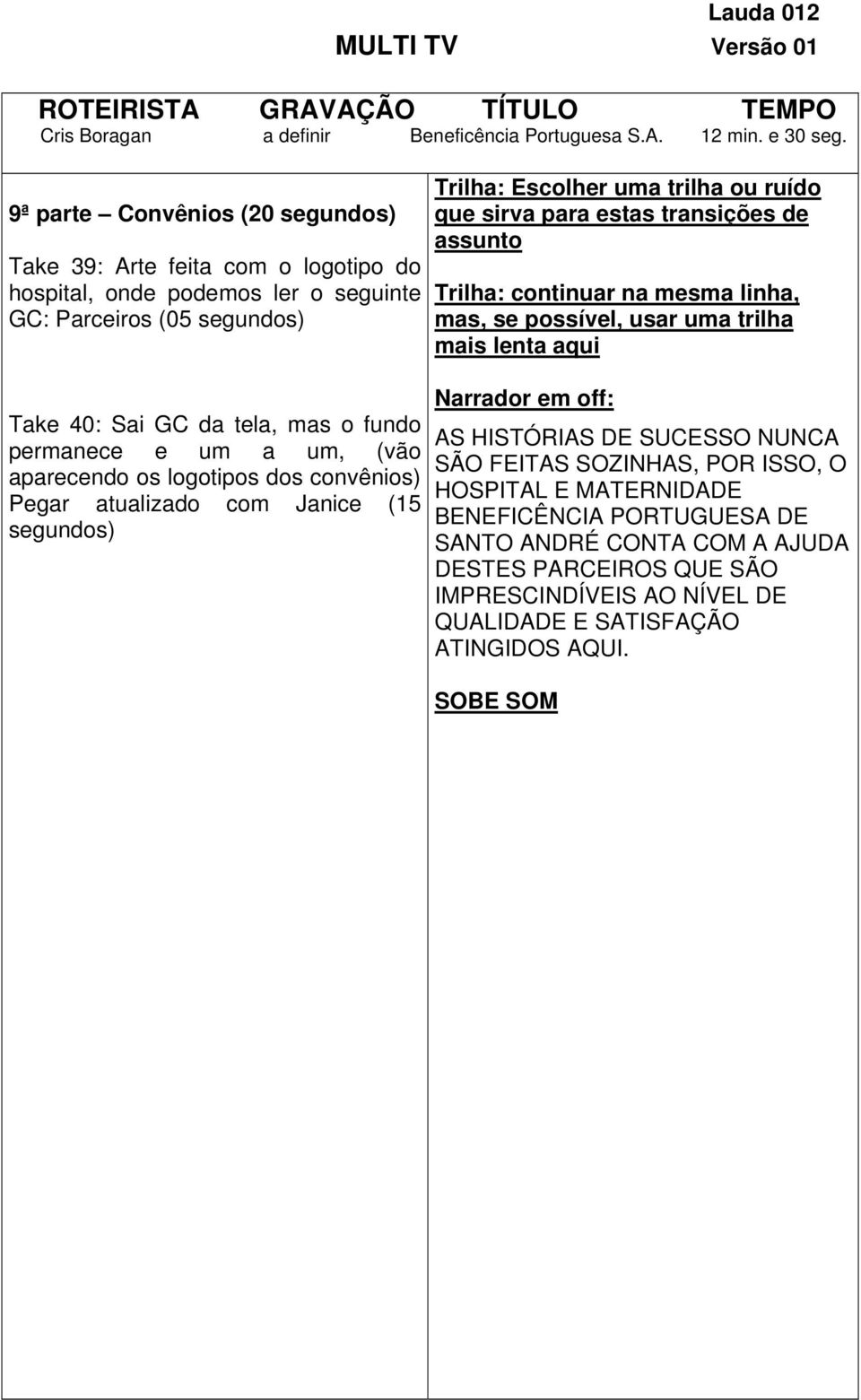 continuar na mesma linha, mas, se possível, usar uma trilha mais lenta aqui AS HISTÓRIAS DE SUCESSO NUNCA SÃO FEITAS SOZINHAS, POR ISSO, O HOSPITAL E