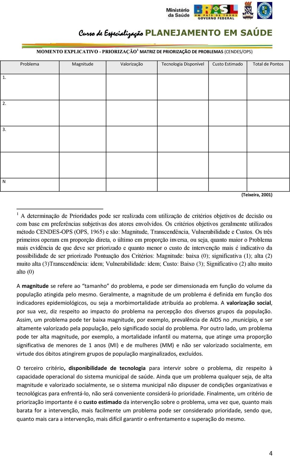 Os critérios objetivos geralmente utilizados método CENDES-OPS (OPS, 1965) e são: Magnitude, Transcendência, Vulnerabilidade e Custos.