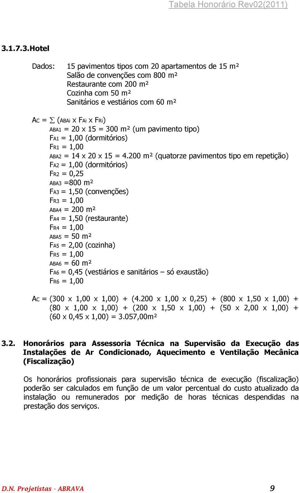 200 m² (quatorze pavimentos tipo em repetição) FA2 = 1,00 (dormitórios) FR2 = 0,25 ABA3 =800 m² FA3 = 1,50 (convenções) FR3 = 1,00 ABA4 = 200 m² FA4 = 1,50 (restaurante) FR4 = 1,00 ABA5 = 50 m² FA5 =