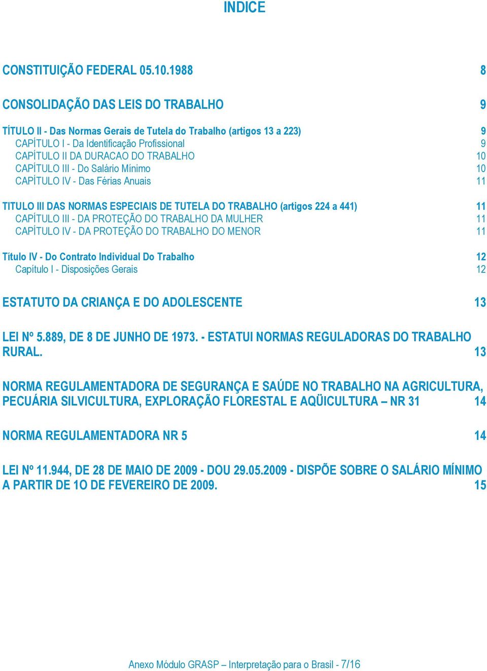 CAPÍTULO III - Do Salário Mínimo 10 CAPÍTULO IV - Das Férias Anuais 11 TITULO III DAS NORMAS ESPECIAIS DE TUTELA DO TRABALHO (artigos 224 a 441) 11 CAPÍTULO III - DA PROTEÇÃO DO TRABALHO DA MULHER 11