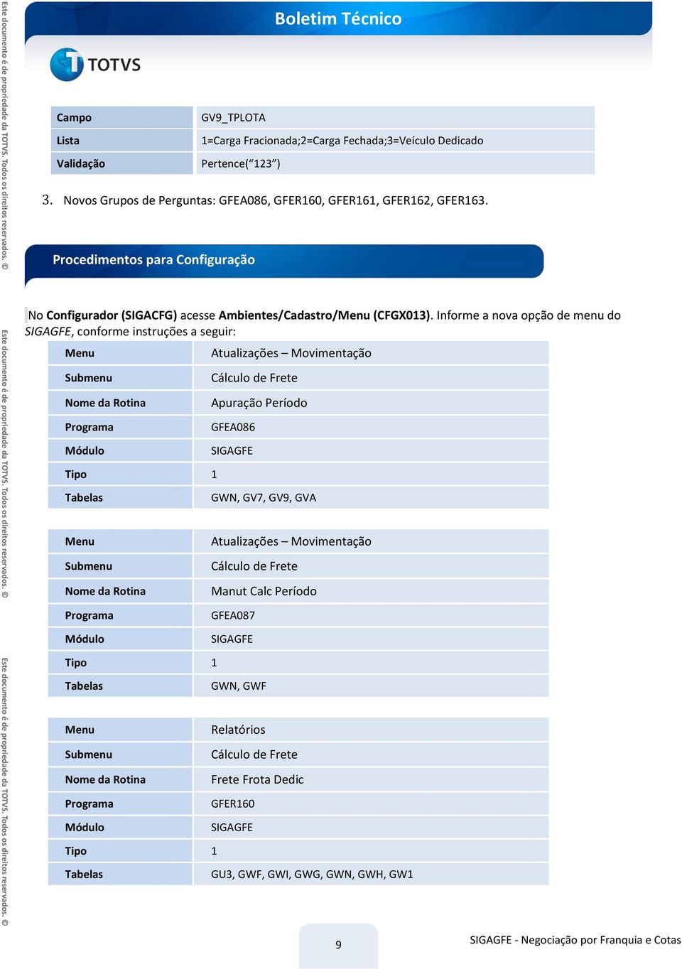 Informe a nova opção de menu do SIGAGFE, conforme instruções a seguir: Menu Submenu Nome da Rotina Atualizações Movimentação Cálculo de Frete Apuração Período Programa Módulo GFEA086 SIGAGFE 1