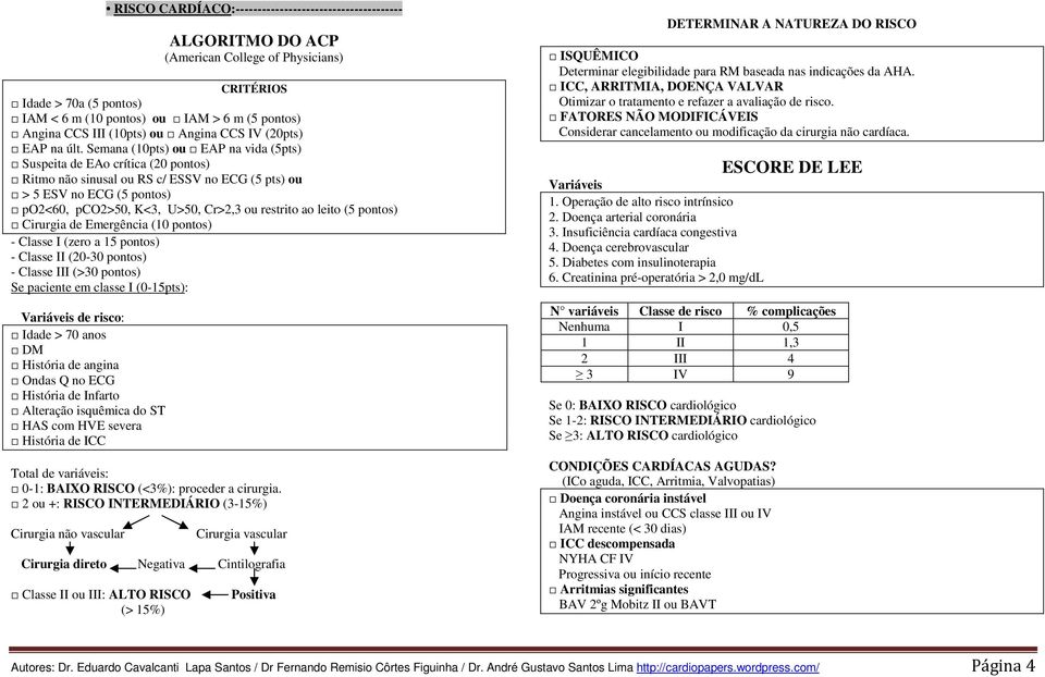 Semana (10pts) ou EAP na vida (5pts) Suspeita de EAo crítica (20 pontos) Ritmo não sinusal ou RS c/ ESSV no ECG (5 pts) ou > 5 ESV no ECG (5 pontos) po2<60, pco2>50, K<3, U>50, Cr>2,3 ou restrito ao