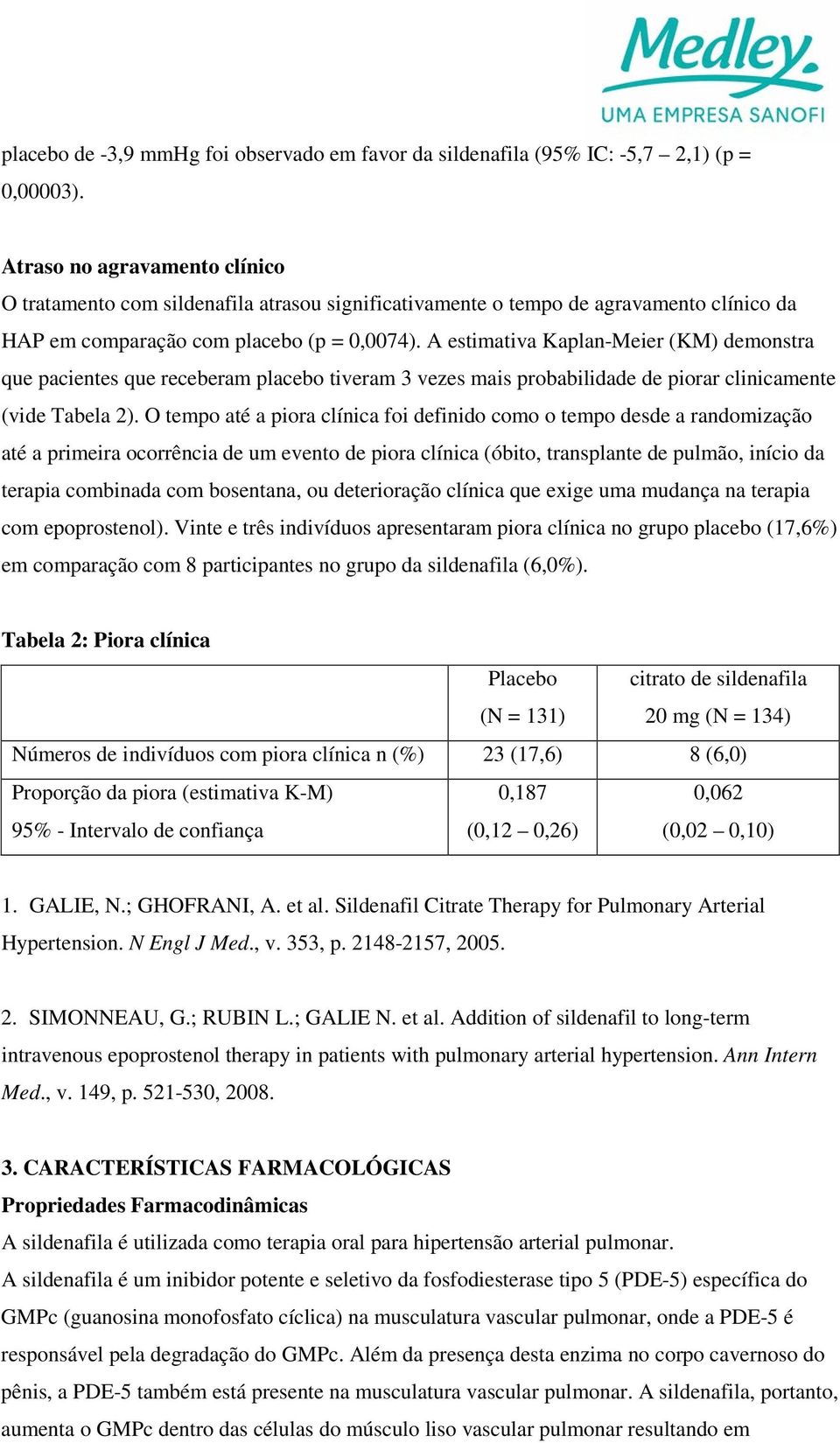 A estimativa Kaplan-Meier (KM) demonstra que pacientes que receberam placebo tiveram 3 vezes mais probabilidade de piorar clinicamente (vide Tabela 2).
