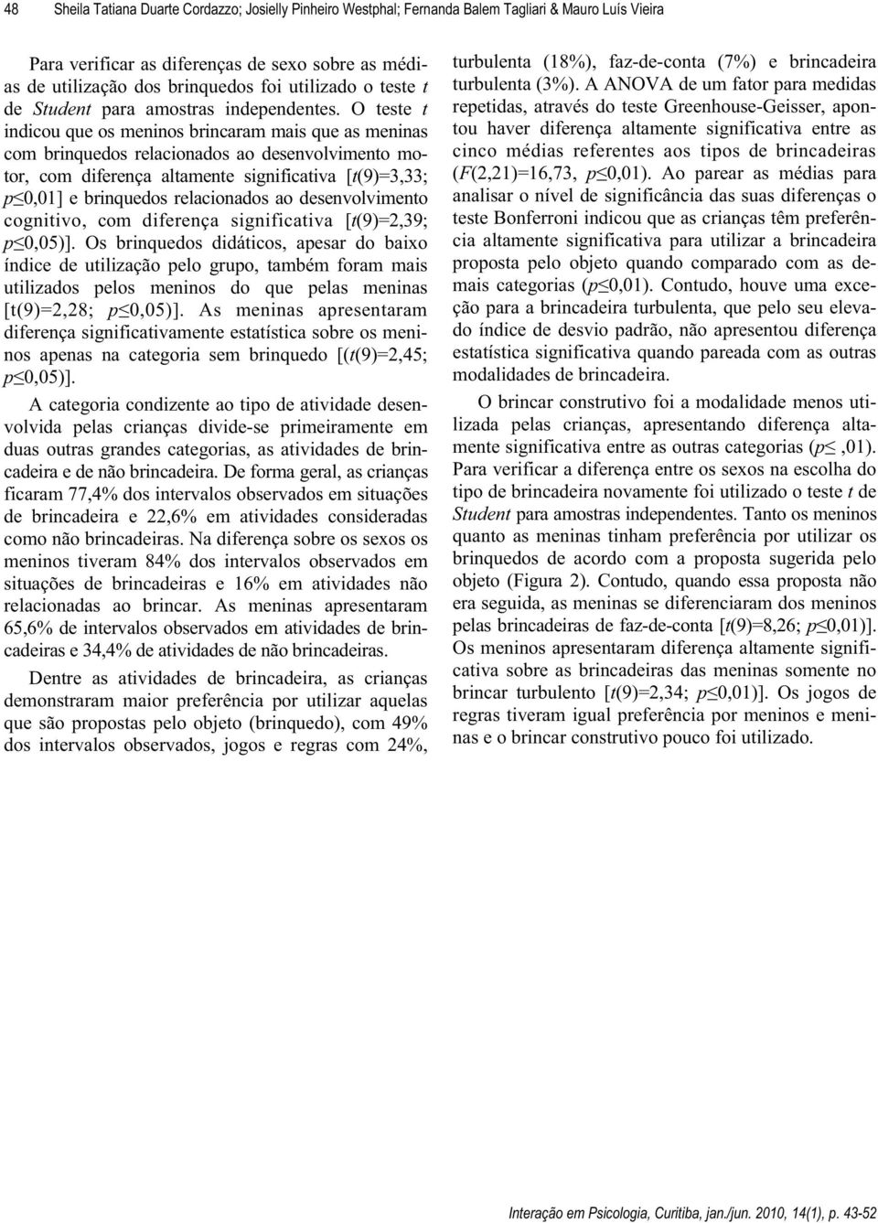 O teste t indicou que os meninos brincaram mais que as meninas com brinquedos relacionados ao desenvolvimento motor, com diferença altamente significativa [t(9)=3,33; p 0,01] e brinquedos