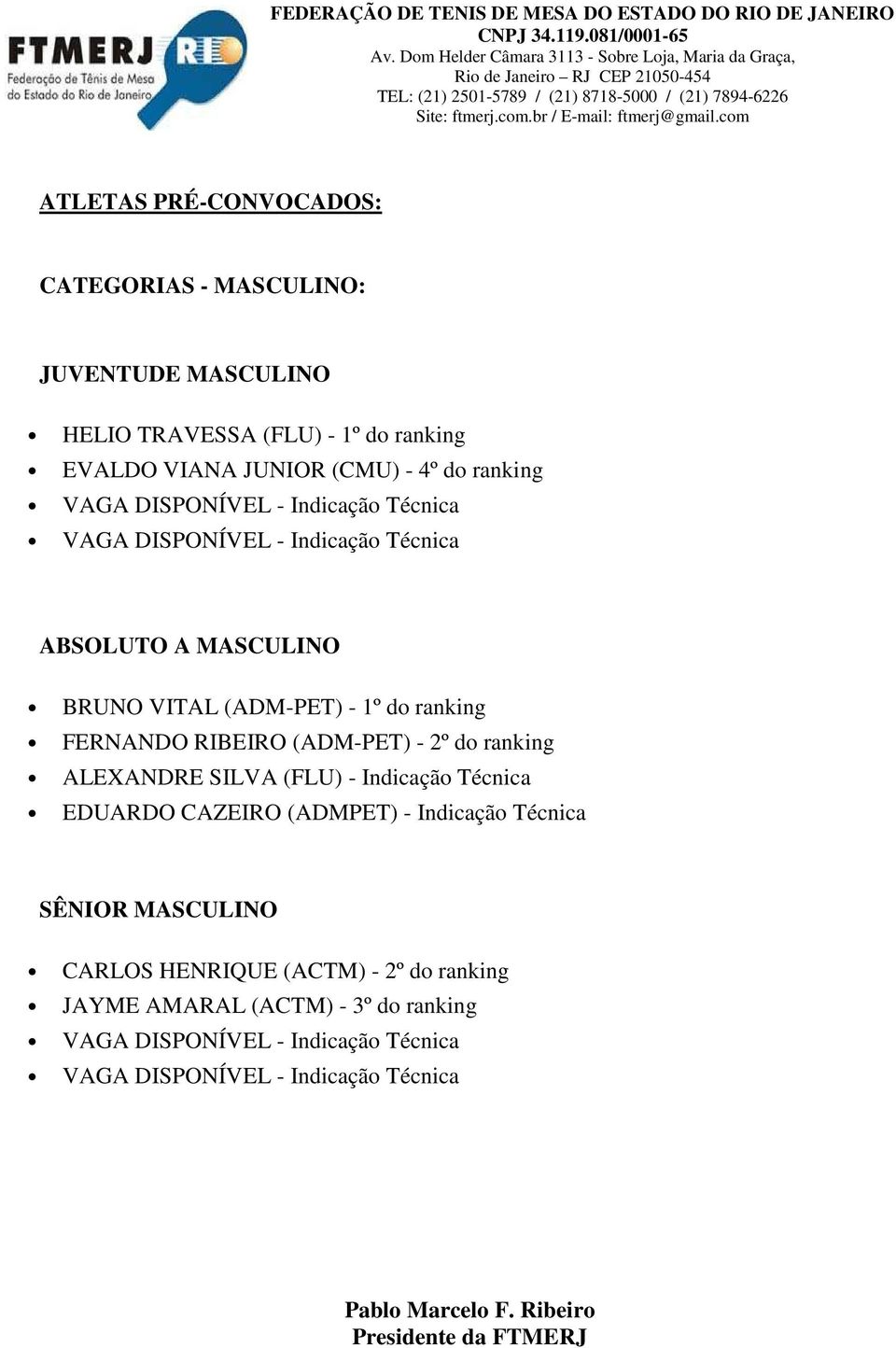 - 2º do ranking ALEXANDRE SILVA (FLU) - Indicação Técnica EDUARDO CAZEIRO (ADMPET) - Indicação