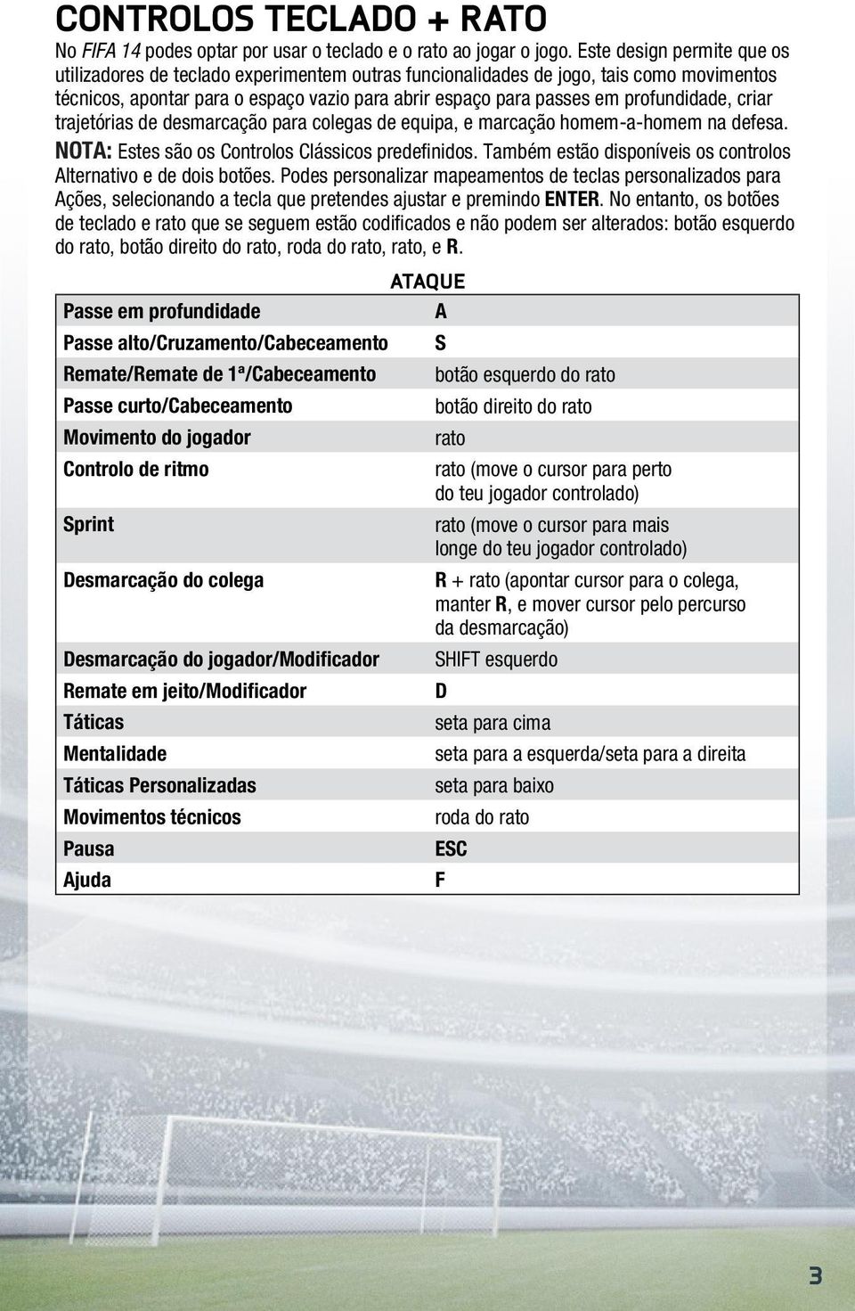 profundidade, criar trajetórias de desmarcação para colegas de equipa, e marcação homem-a-homem na defesa. Nota: Estes são os Controlos Clássicos predefinidos.