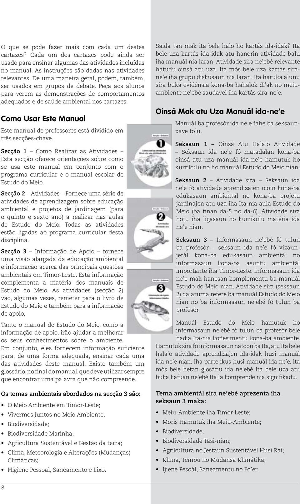 Peça aos alunos para verem as demonstrações de comportamentos adequados e de saúde ambiental nos cartazes. Como Usar Este Manual Este manual de professores está dividido em três secções-chave.