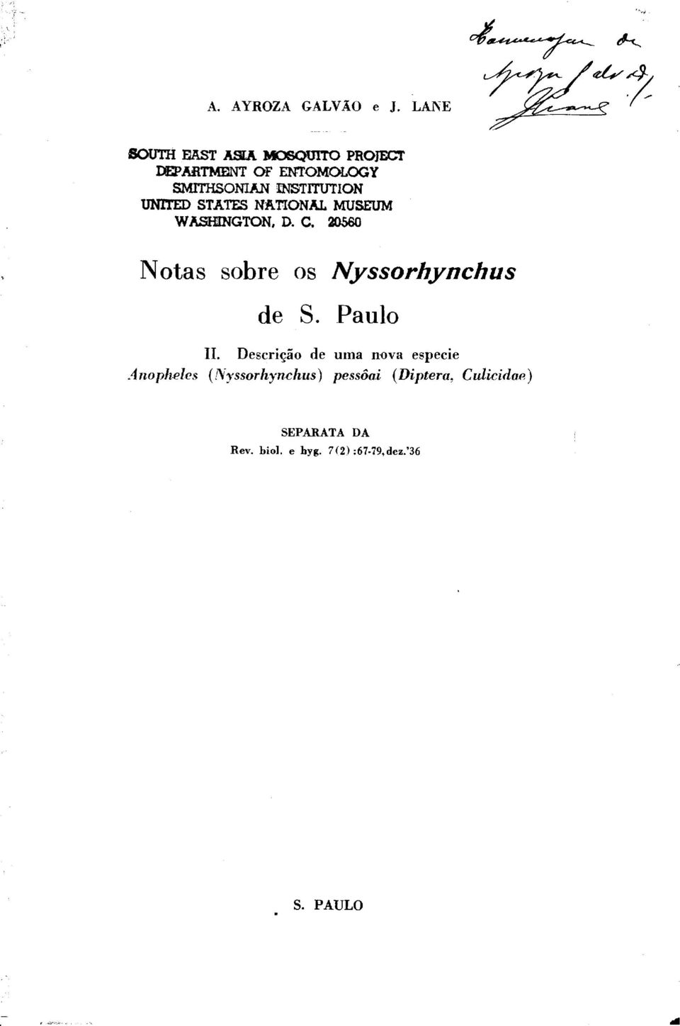 i Notas sobre OS Nyssorhynchus de S. Paul0 II. DescriqCo de uma nova especie,4nophezc?