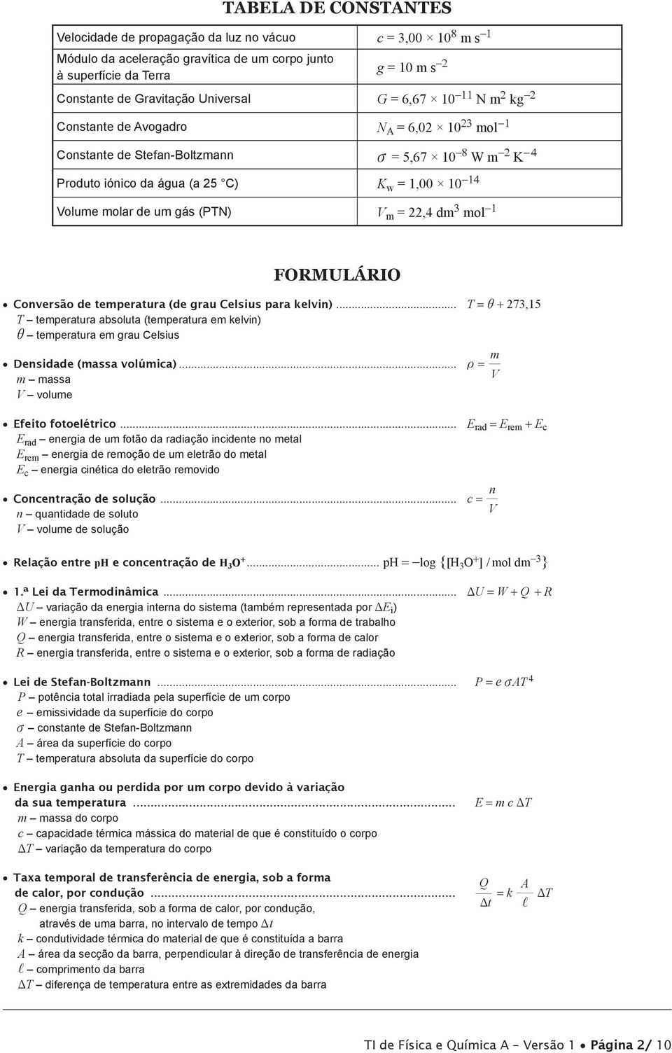 molar de um gás (PTN) V m = 22,4 dm 3 mol -1 FORMULÁRIO Conversão de temperatura (de grau Celsius para kelvin).