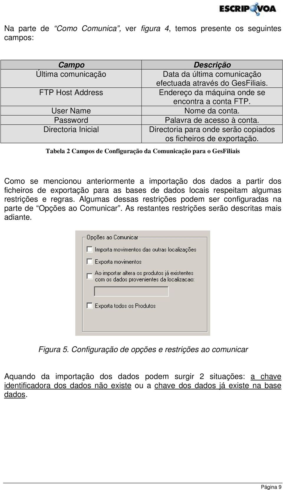 Tabela 2 Campos de Configuração da Comunicação para o GesFiliais Como se mencionou anteriormente a importação dos dados a partir dos ficheiros de exportação para as bases de dados locais respeitam