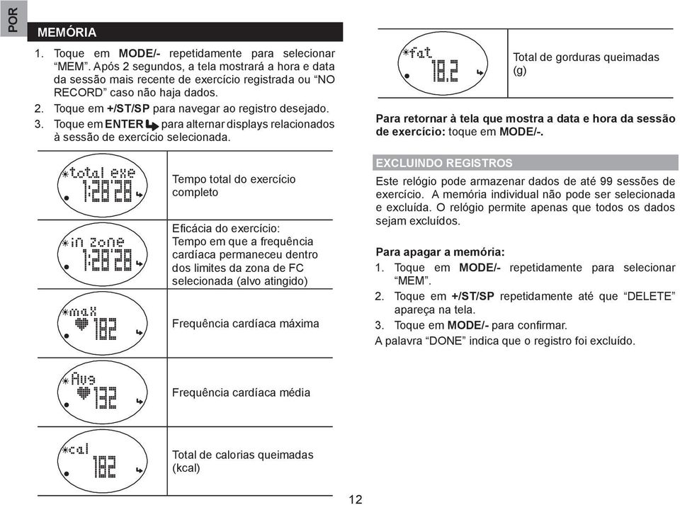 Total de gorduras queimadas (g) Para retornar à tela que mostra a data e hora da sessão de exercício: toque em MODE/-.