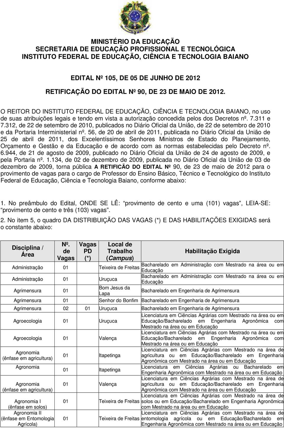 56, de 20 de abril de 21, publicada no Diário Oficial da União de 25 de abril de 21, dos Excelentíssimos Senhores Ministros de Estado do Planejamento, Orçamento e Gestão e da e de acordo com as