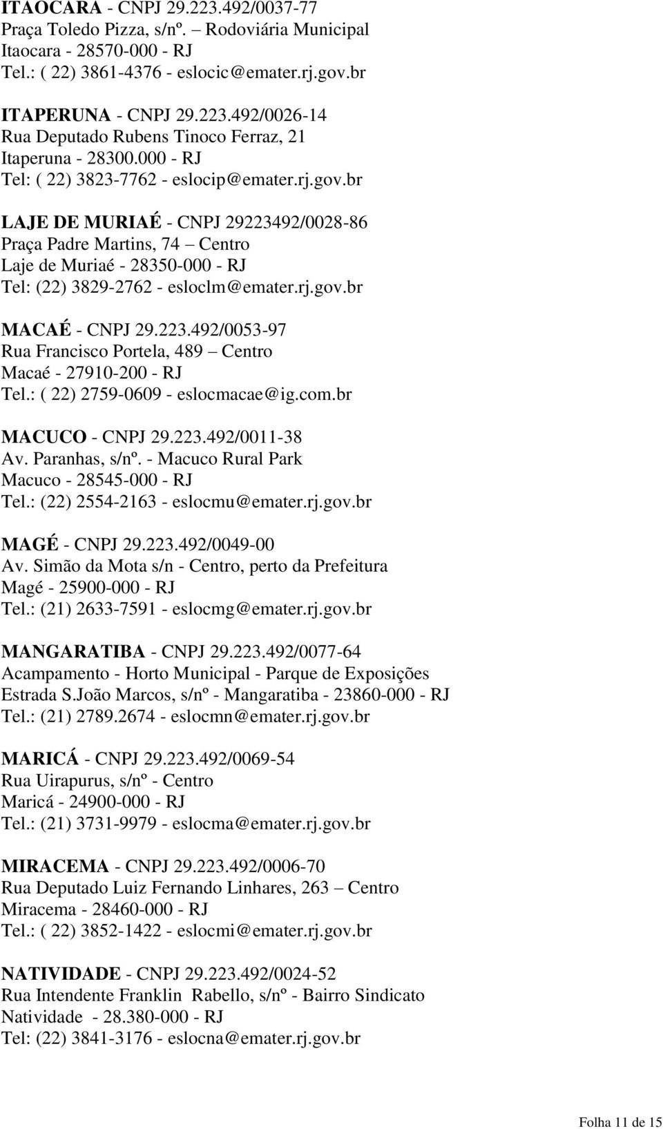 223.492/0053-97 Rua Francisco Portela, 489 Centro Macaé - 27910-200 - RJ Tel.: ( 22) 2759-0609 - eslocmacae@ig.com.br MACUCO - CNPJ 29.223.492/0011-38 Av. Paranhas, s/nº.