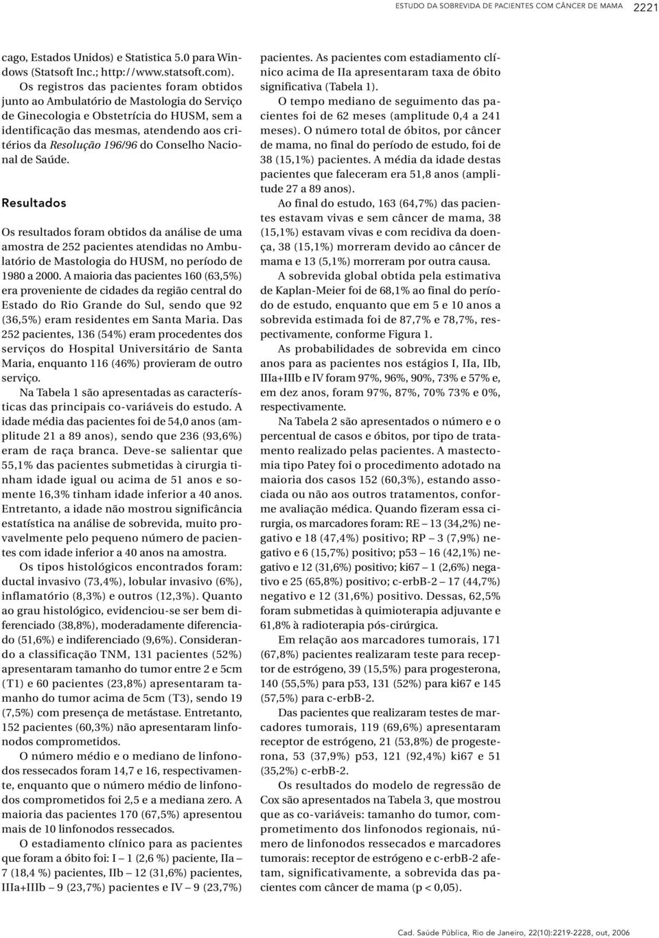 196/96 do Conselho Nacional de Saúde. Resultados Os resultados foram obtidos da análise de uma amostra de 252 pacientes atendidas no Ambulatório de Mastologia do HUSM, no período de 1980 a 2000.