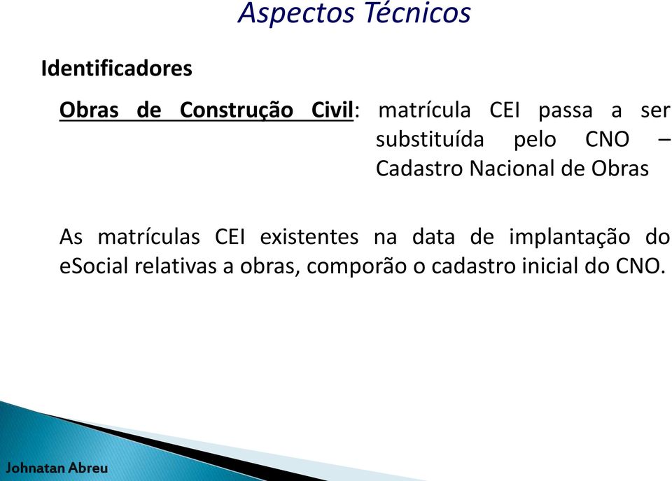 Nacional de Obras As matrículas CEI existentes na data de