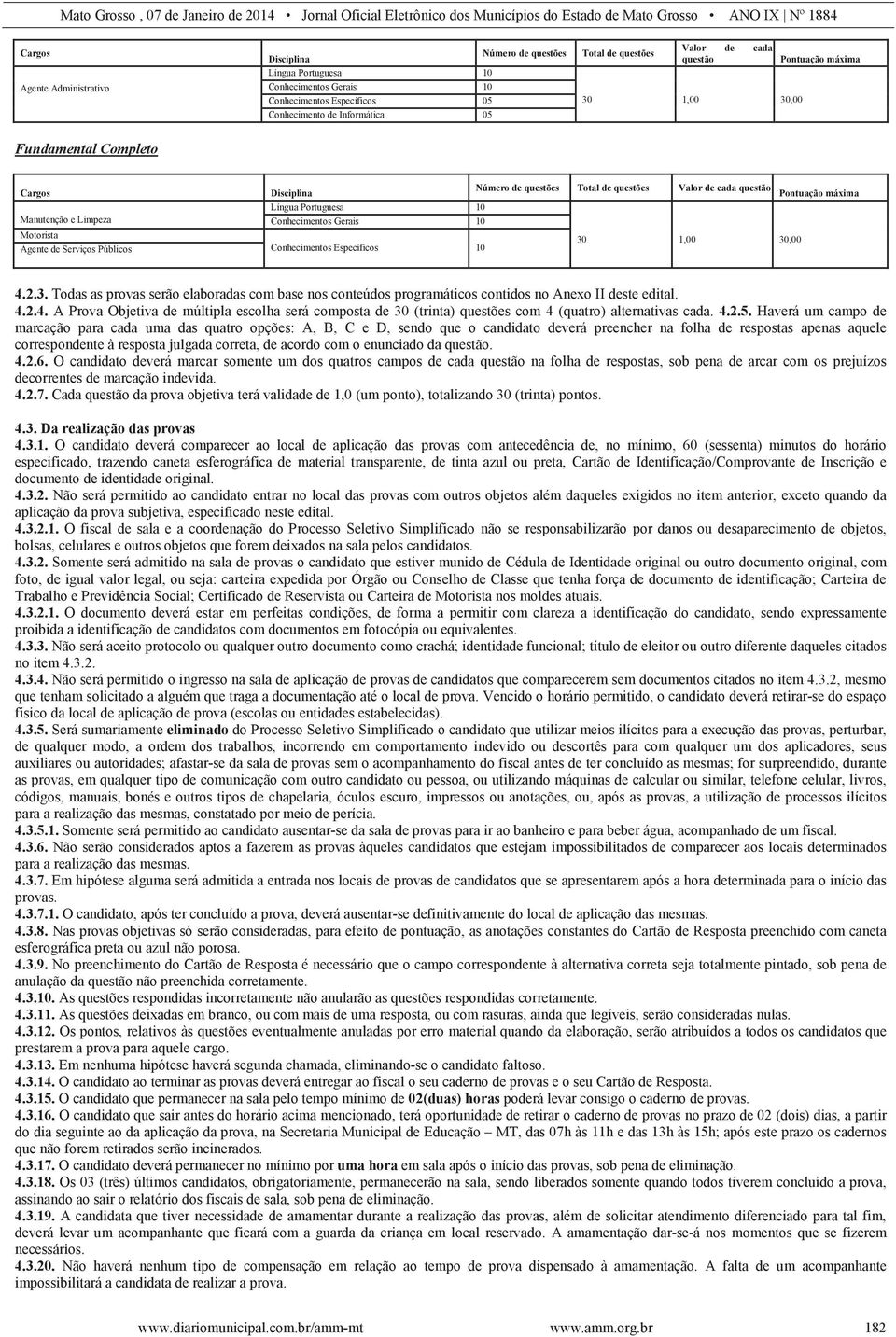 Pontuação máxima Língua Portuguesa 10 Conhecimentos Gerais 10 Conhecimentos Específicos 10 30 1,00 30,00 4.2.3. Todas as provas serão elaboradas com base nos conteúdos programáticos contidos no Anexo II deste edital.