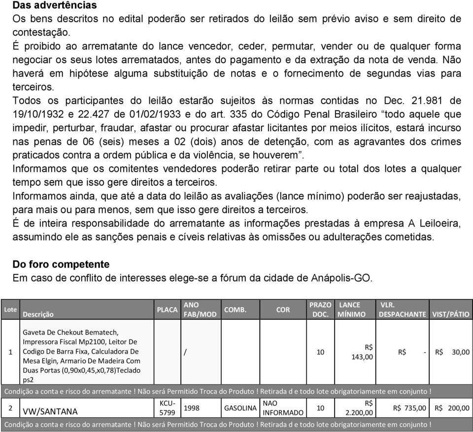 Não haverá em hipótese alguma substituição de notas e o fornecimento de segundas vias para terceiros. Todos os participantes do leilão estarão sujeitos às normas contidas no Dec. 21.