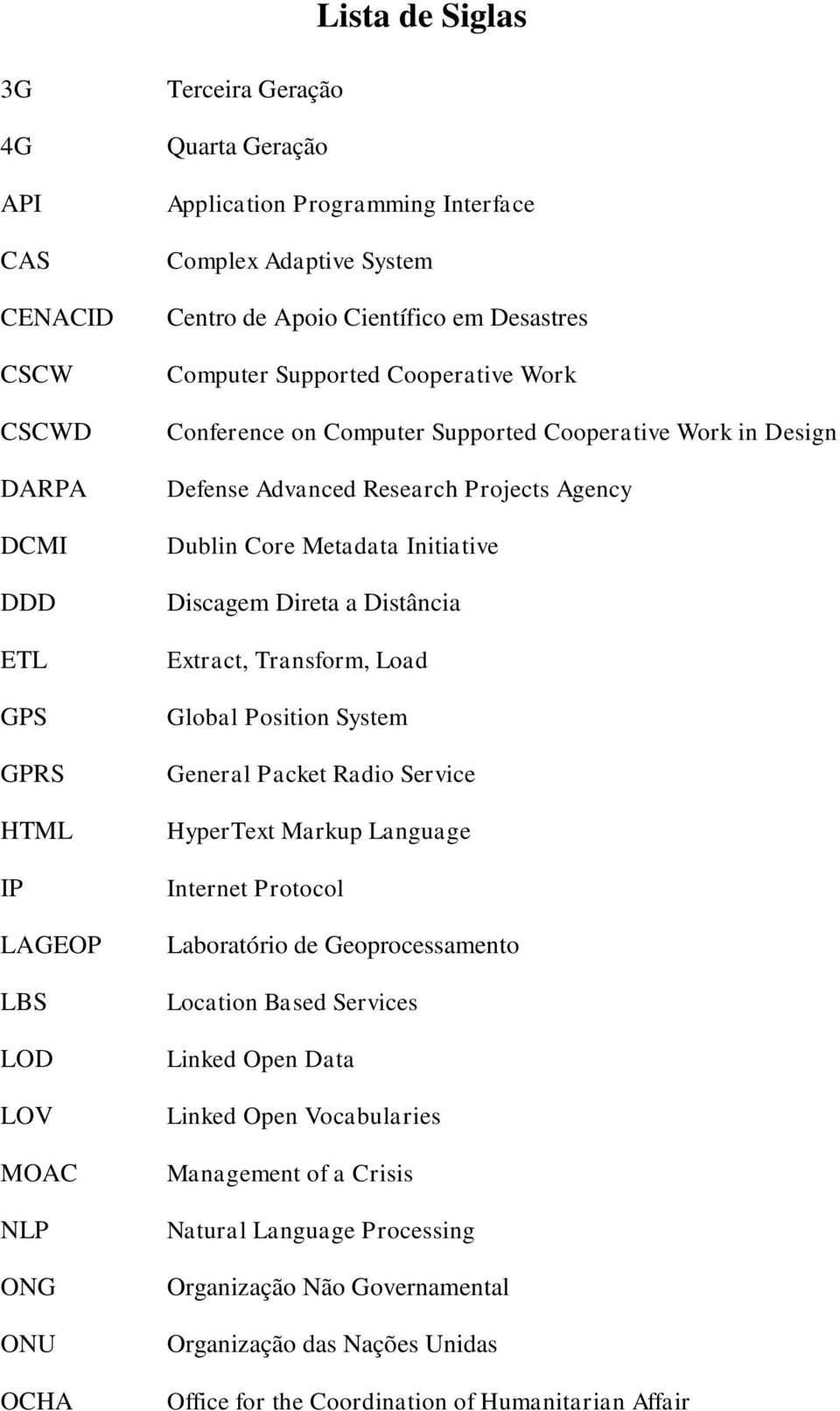 Dublin Core Metadata Initiative Discagem Direta a Distância Extract, Transform, Load Global Position System General Packet Radio Service HyperText Markup Language Internet Protocol Laboratório de