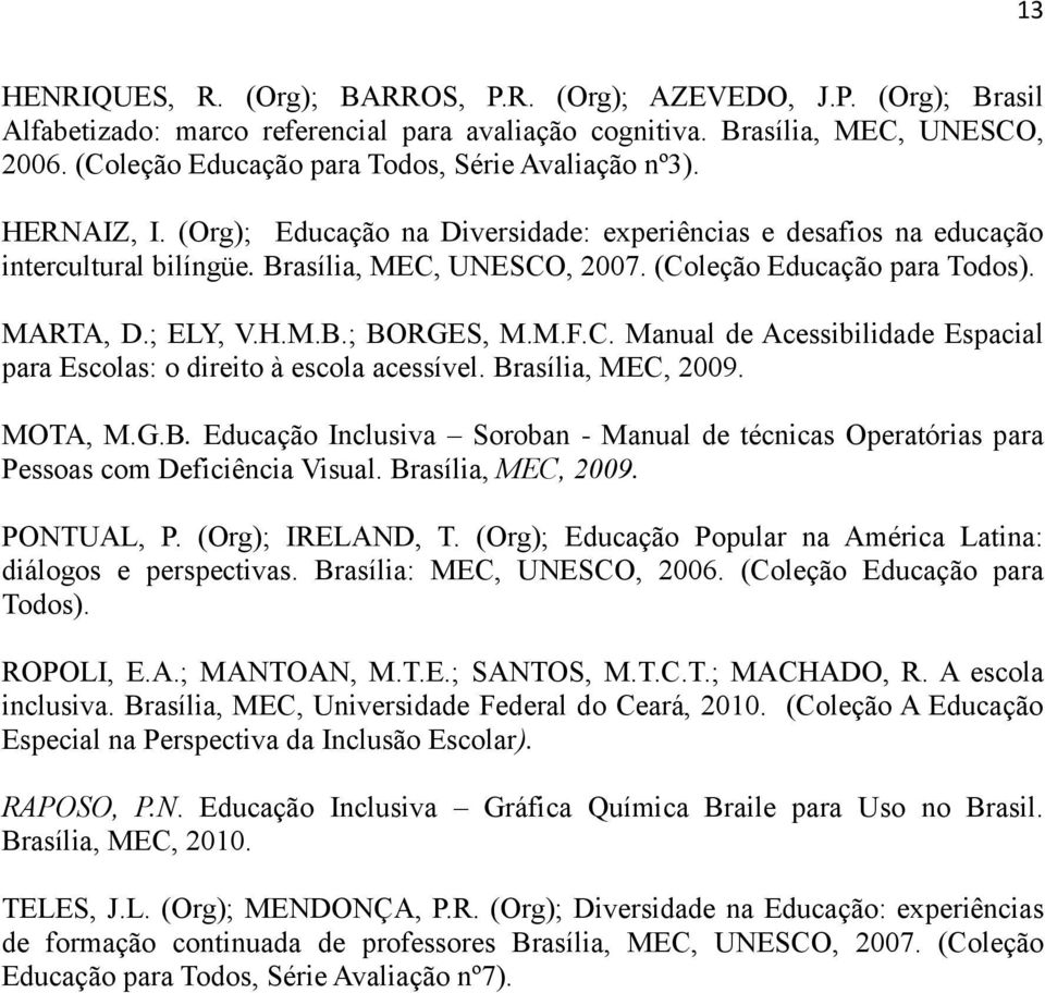 (Coleção Educação para Todos). MARTA, D.; ELY, V.H.M.B.; BORGES, M.M.F.C. Manual de Acessibilidade Espacial para Escolas: o direito à escola acessível. Brasília, MEC, 2009. MOTA, M.G.B. Educação Inclusiva Soroban - Manual de técnicas Operatórias para Pessoas com Deficiência Visual.