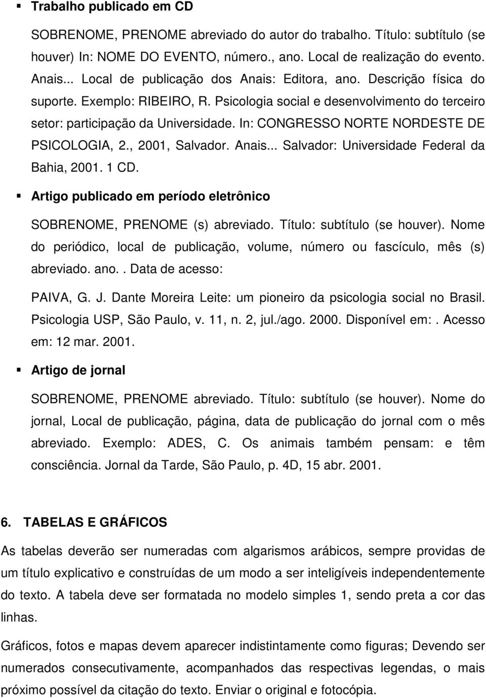 In: CONGRESSO NORTE NORDESTE DE PSICOLOGIA, 2., 2001, Salvador. Anais... Salvador: Universidade Federal da Bahia, 2001. 1 CD. Artigo publicado em período eletrônico SOBRENOME, PRENOME (s) abreviado.