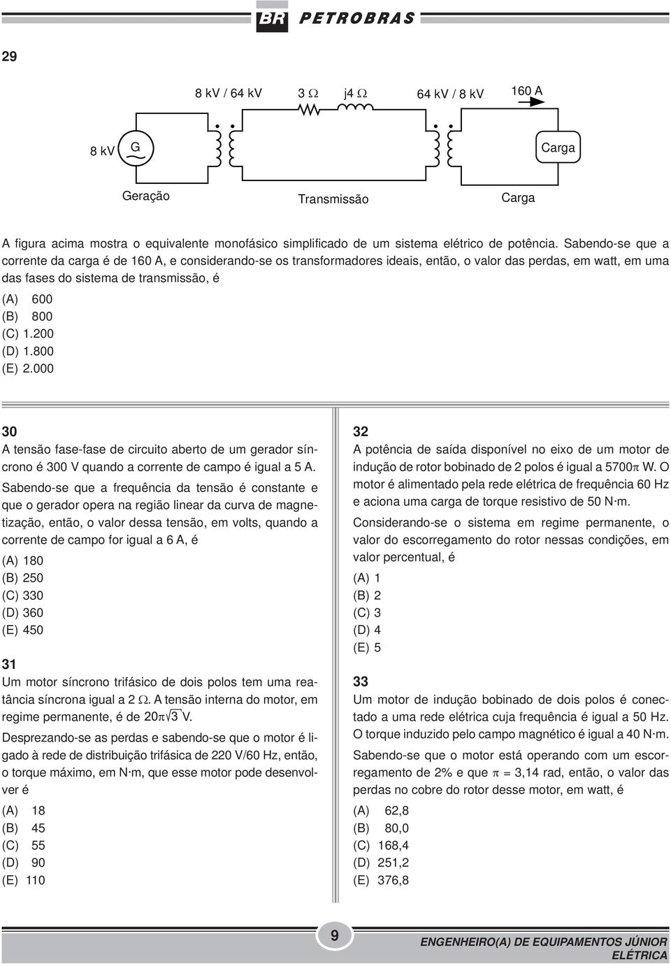 200 (D) 1.800 (E) 2.000 30 A tensão fase-fase de circuito aberto de um gerador síncrono é 300 V quando a corrente de campo é igual a 5 A.