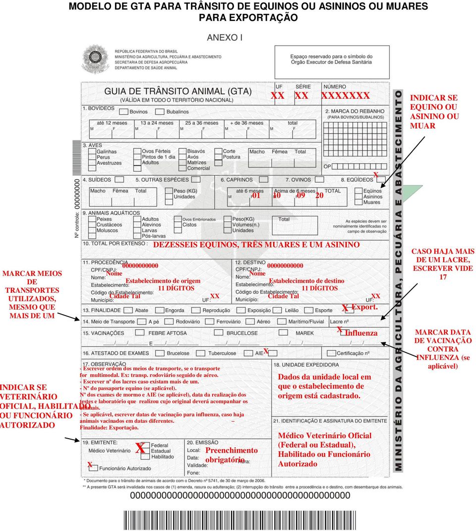 Nº dos exames de mormo e AIE (se aplicável), data da realização dos testes e laboratório que realizou cujo original deverá acompanhar os animais.