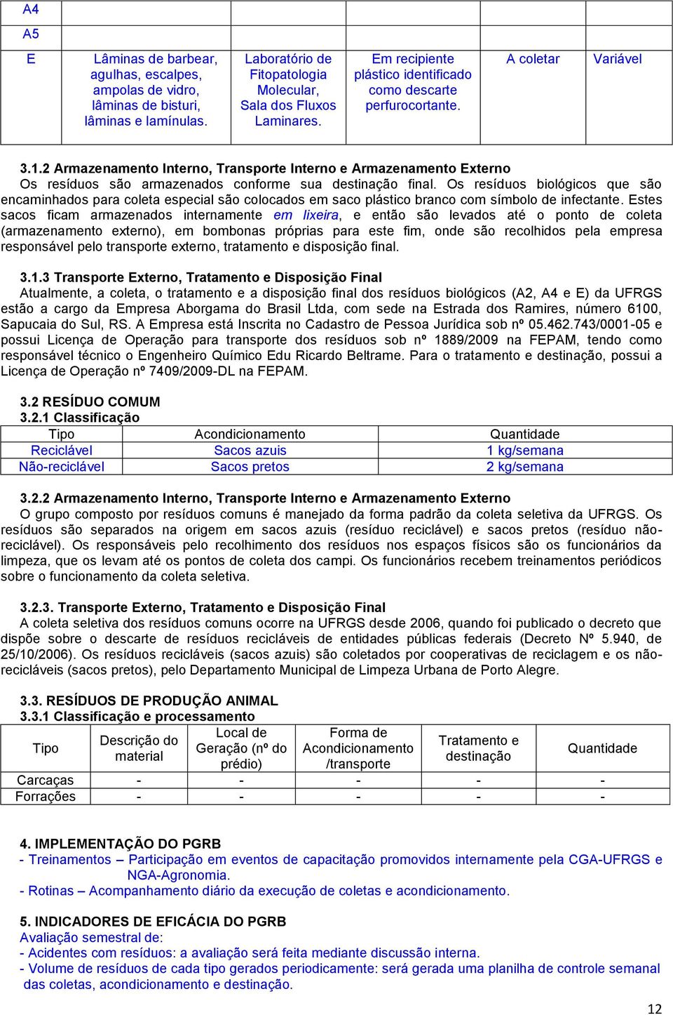 2 Armazenamento Interno, Transporte Interno e Armazenamento Externo Os resíduos são armazenados conforme sua final.