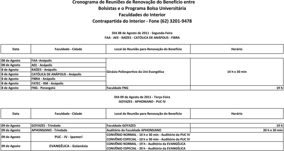 Agosto de 2011 - Terça-Feira GOYAZES - APHONIANO - PUC IV 09 de Agosto GOYAZES - Trindade Faculdade GOYAZES 19 h 09 de Agosto APHONSIANO - Trindade Auditório da Faculdade APHONSIANO 20 h e 30 min 09