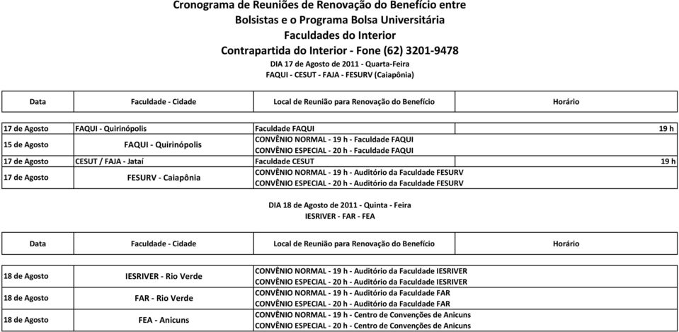 FESURV CONVÊNIO ESPECIAL - 20 h - Auditório da Faculdade FESURV DIA 18 de Agosto de 2011 - Quinta - Feira IESRIVER - FAR - FEA 18 de Agosto IESRIVER - Rio Verde 18 de Agosto FAR - Rio Verde 18 de